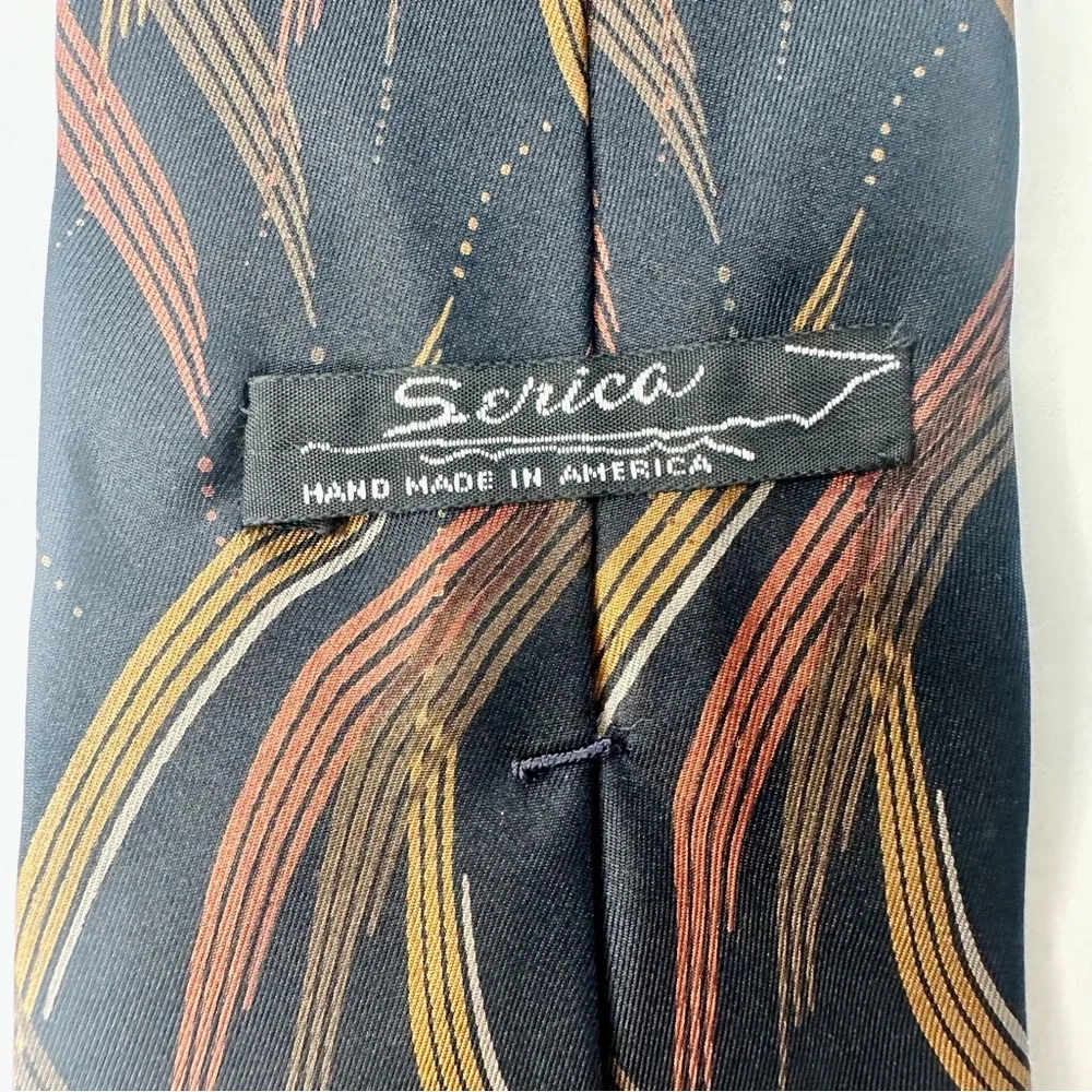Vintage SERICA Black & Earth Toned Organic Pattern Classic Italian Silk Tie,